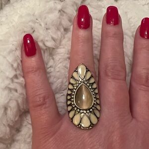 Teardrop Statement Ring with Cream Enamel and Rhinestones